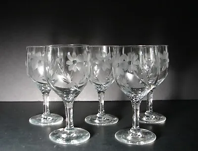 Set Of 5 Vintage Depression Era Stemware Cordial Glasses Gray Cut Floral Design • $25