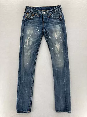 True Religion Brianna Jeans Women's 24 Skinny Blue Denim Paint Splat Button Fly • $24.99