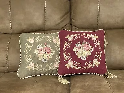 Pair Of Vintage Petit Needlepoint Tapestry Accent Pillows 10  Cottage Core Throw • $49.99