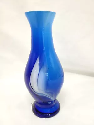 Art Glass Hand Blown Cobalt Blue Vase With White Feather Design - 14.5cm Tall • $30