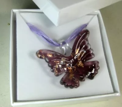Hand Blown Glass pendant Necklace Butterfly Purple Murano Style Boxed 1.6x1.6  • $13.99