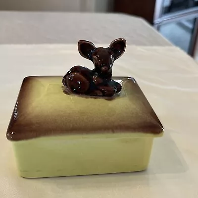 Vintage Ceramic Trinket Box Yellow/Brown With Deer On Top • $12