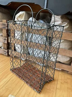 Vintage Chicken Wire Handbag Basket W/ Handles Woven Rattan Bottom Farmhouse • $21.44