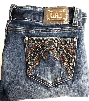  LA Idol USA Jeans  Size 11 Rhinestones Embroidered Biker Bling 32Wx 32.5 Inseam • $22.99