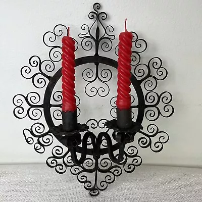 Vintage Wrought Iron Scrolled Candlestick Holder Wall Handing 14 3/4  X 12 1/8  • $38