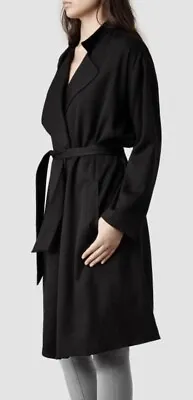 ALL SAINTS MARLOWE Long Black Mac Drape Coat Italy Gothic 10 Suede Collar £345 • $84.51