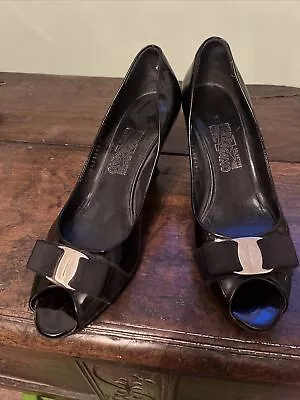 Salvatore Ferragamo Black Patent Open Toe Heeled Shoes Silver Detail Size 6 UK • £10