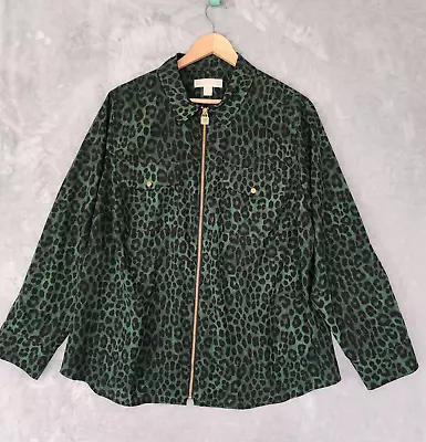 Michael Kors Shirt Womens 2X Leopard Print Emerald Green Black Gold Lock Zipper • $23.95