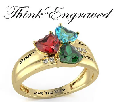 Personalized Gold 3 Heart Birthstone Mother's Ring -Engraved Mom Ring • $57.50