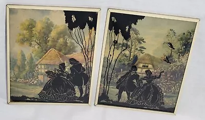 Vtg Set Silhouette Pictures Reverse Painted Convex Bubble Victorian Couple Court • $13.99