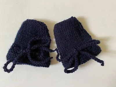 Baby Mittens Hand Knitted Navy Blue 0 To 3 Months Scratch Mitts Stay On Hands • £3.60