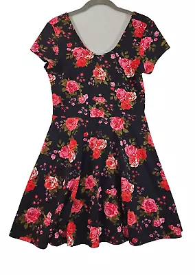 Planet Gold Juniors L Black Pink Floral Scoop Neck Fit And Flare Skater Dress • $12.99