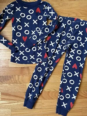 HANNA ANDERSSON Kids Pajamas Long John XO Navy Red Heart 6-7/120 Valentines Love • $15