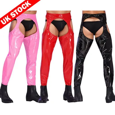 UK Mens Leather Wet Look Leggings Latex Metallic Hollow Out Tight Pants Trousers • £22.99