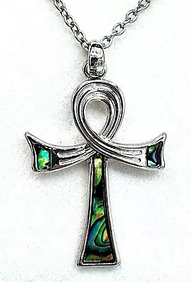 Ankh Necklace Pendant Abalone Paua Shell Egyptian Life Chain Gift Boxed Silver • $18.32