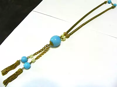 Tassel Miriam Haskell Unsigned Glass Turquoise & MOP Beads Lariat Mesh Necklace • $280