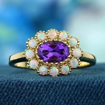 Natural Amethyst And Opal Vintage Style Floral Ring In Solid 9K Yellow Gold • $750