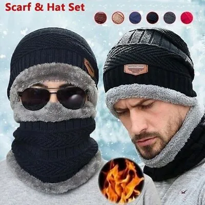 Unisex Beanie Hat Scarf Set Winter Warm Fleece Knitted Thick Ski Cap Neck Cover  • £2.99