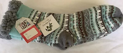 Muk Luks Slipper Socks Jojoba Oil Treated Green Gray Bands Tall Sz S/M 6-8 • $14.95