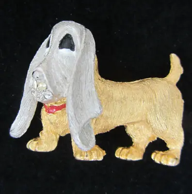 Vintage Bassett Hound Dog Brooch Pin Mixed Metal Silver Gold Tones & Rhinestones • $16.99