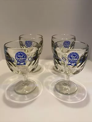 4 Pabst Blue Ribbon VTG Thumbprint FOOTED Goblets HEAVY THICK GLASS MUGS 1970’s • $23