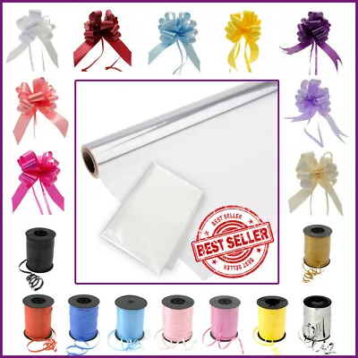 Clear Cellophane Hamper Gift Wrap + Free Pull Bow / Curling Ribbon Christmas • £2.99
