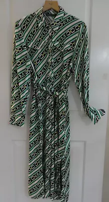 KAREN MILLEN SHIRT DRESS 14 Eu42 RARE SIGNATURE PRINT MIDI BELTED DESIGNER GREEN • £20