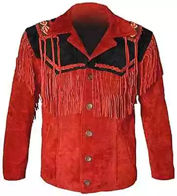 Men Native American Cowboy Leather Jacket Fringe & Beads Western Suede Jacket • $119.99