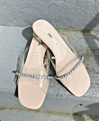 Zara Clear Slide With Gem Strap And Clear Block Heel Size EU 38 US 8 • $26.99