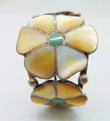Mother Of Pearl Flower Abalone Inlay Sterling Silver Cuff Bracelet Handmade Vtg • $95