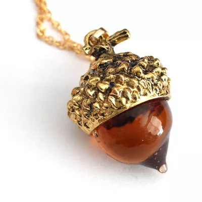 $14.69 • Buy Golden Amber Glass Acorn Pendant Necklace