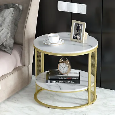 2 Tiers Solid Marble Top Round Coffee Table Lounge Living Room Modern Gold Legs • £59.92