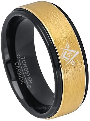 Masonic Ring Gold & Black Tungsten Carbide Ring Freemason Tungsten Wedding Band • $77