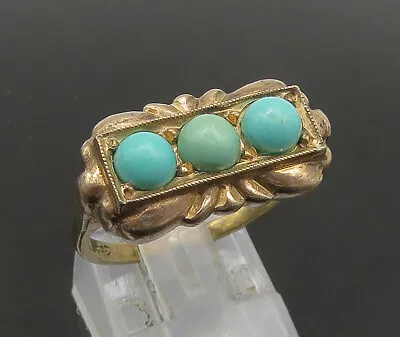 9K GOLD - Vintage Antique Cabochon Turquoise 3-Stone Band Ring Sz 7.5 - GR282 • $399.19