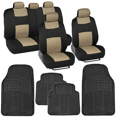 $39.50 • Buy Beige / Black Car Interior Split Bench Seat Covers Black Rubber Mats - 13 Pc Set