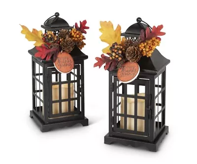 Gerson Set Of 2 Black Metal Lanterns With B/O LED Candles And Floral Accents • $95