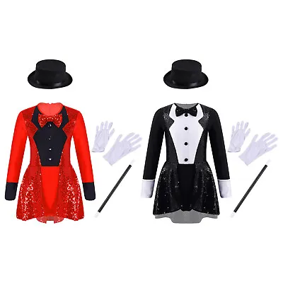 Kids Girls Magician Costume Outfit Leotard Dress With Hat Magic Wand Gloves Sets • $19.95