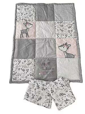 Little Love By Nojo Sweet Deer Grey Pink White 3Piece Nursery Mini Crib • $40