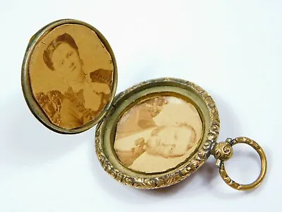 Antique Victorian Brass Etched Watch Shaped Locket W/Photos Of Man & Woman • $69.99