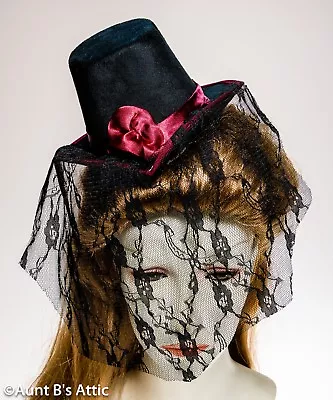 Victorian Mini Top Hat Blk Faux Suede W/ Burg Trim & Blk Floral Lace Veil • $19.98