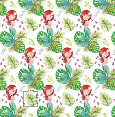 Cotton 100% Fabric Ariel Redhead Mermaid Flowers On White Wide 160 Cm (62 )  • £8.99