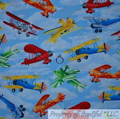 BonEful FABRIC FQ Cotton Quilt Blue White Sky Cloud VTG Antique Sea Airplane Boy • $4.90