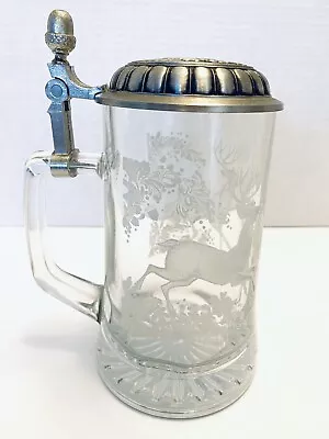 Vintage West Germany Etched Crystal Art Glass Deer Top Pewter Beer Stein Mug • $19.99