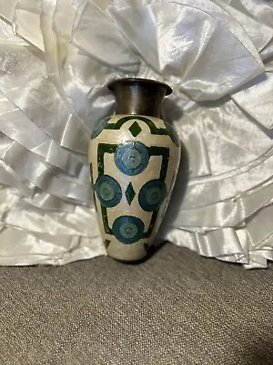 Vintage  Brass Enamel Cloisonne Mid Century Modern Motif Flared Vase 8.5”India • $26.99