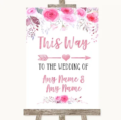 £52.95 • Buy Pink Watercolour Floral This Way Arrow Right Personalised Wedding Sign
