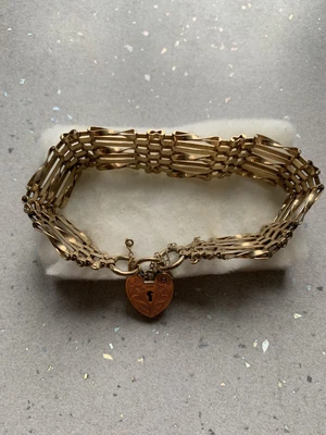 £299 • Buy 9ct Gold 375 Gate Bracelet 5 Bar Heart Padlock Bracelet With Safety Chain