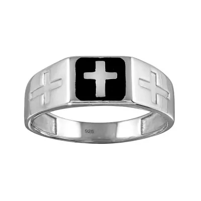 Men's Sterling Silver Black Enamel Cross Ring • $23.99