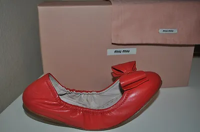 NIB Miu Miu / Prada Lacca Red Orange BOW Leather Ballet Flats Shoes EUR 40 • $279.95