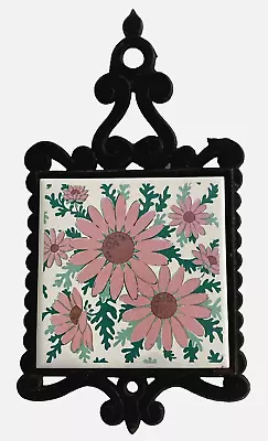 Vtg Cast Iron Tile Trivet Pink Daisy Ceramic MOD Flower Japan 60s Pop Art 70s • $19.99