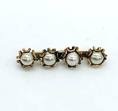 Vintage Gold Tone And Imitation Pearl Bar Brooch 4 Pearls Gray Tone • $12.62